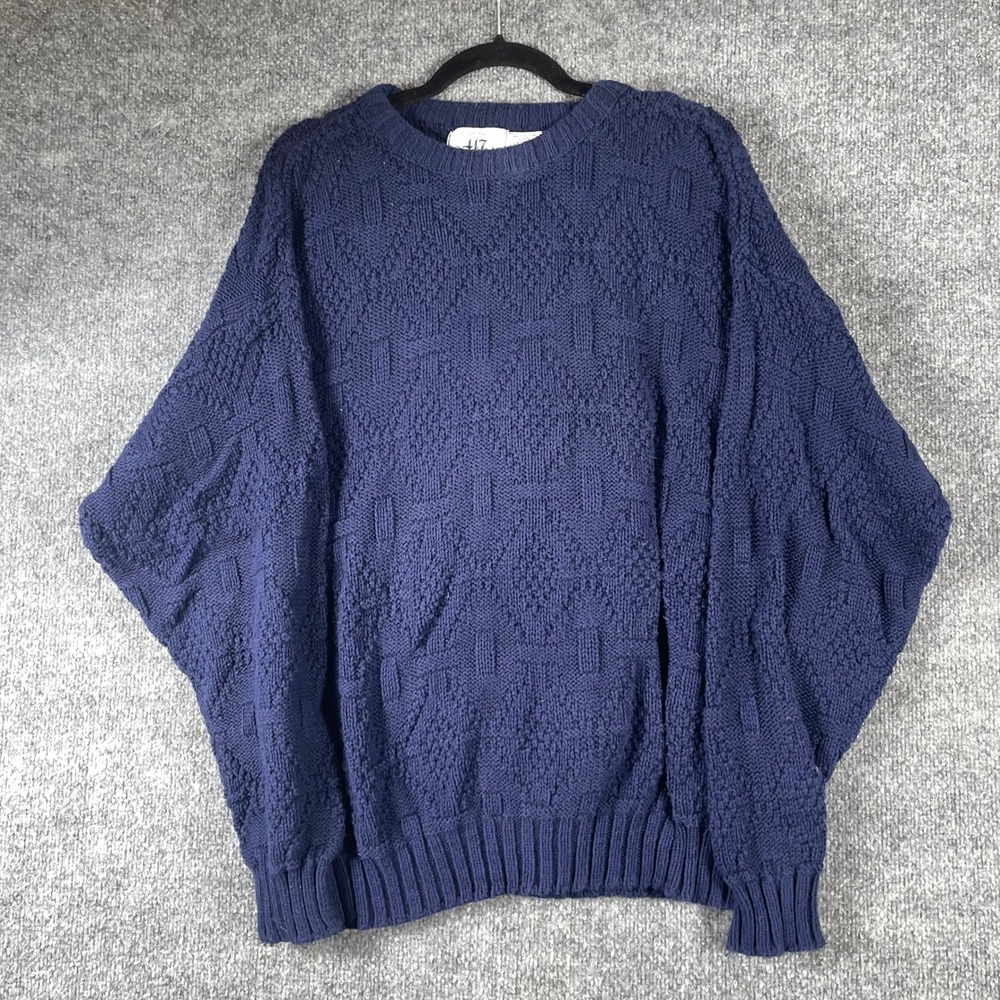 Vintage 417 Van Heusen Sweater Mens Medium Blue Cotton Knit Textured USA 80s